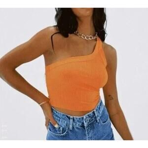 Lioness One Shoulder Cropped Orange Ribbed Tank Small Stretchy
